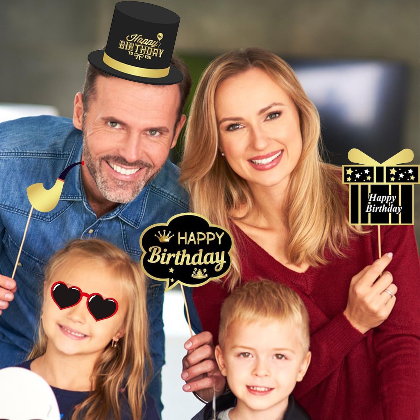 34pcs Birthday Party Photo Booth Props Kit, Favors Supplies for Men Women Party Decor Photobooth,Funny Birthday Party Supplies(Gold and Black)