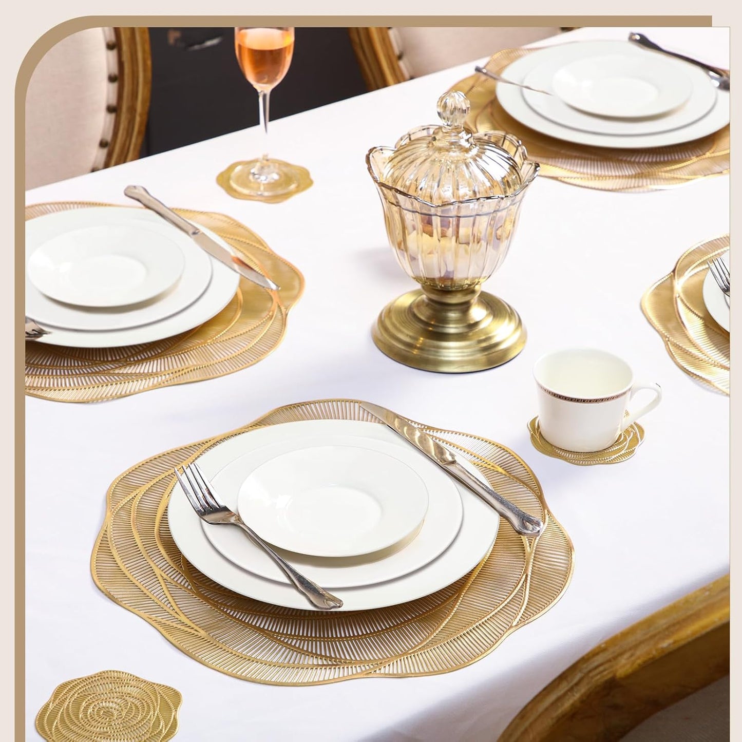 Sieral 48 Set 15 Inch Round Pressed Vinyl Placemats Hollow Out Rose Placemat Set Metallic Slip Resistant Place Mat Coaster Including Place Mats and Coasters for Wedding Dining Kitchen (Gold)