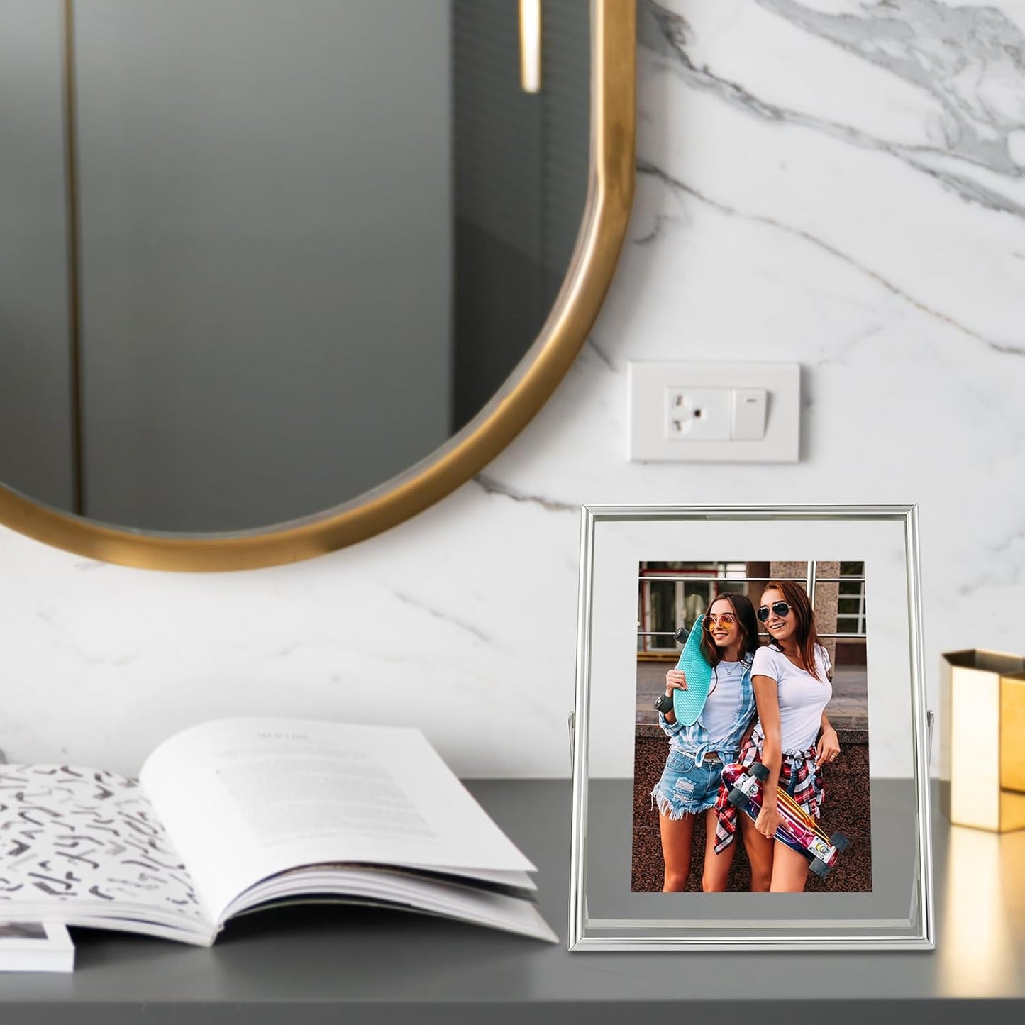 Silver Floating Frame (6"x8", Vertical), For Picture 5x7, 4x6, 3x5, Small Desktop Photo Frame, Classy Gift For Festival, Wedding, Home or Office Décor