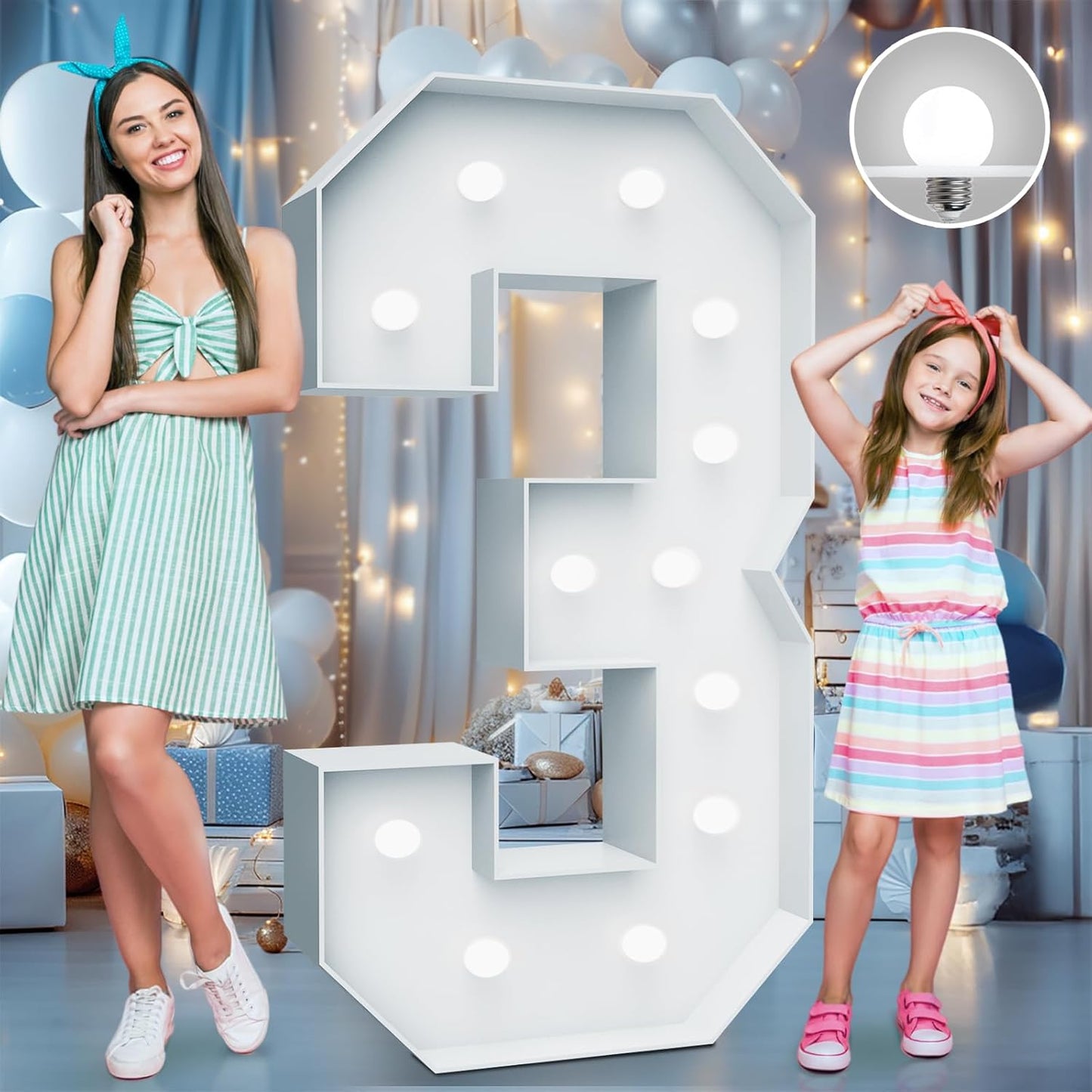 4FT Marquee Light Up Numbers - Cool White Light Up Numbers 3 with Fixed Water Bag, Party Decoration Large Marquee Light Up Numbers can Be Used for Wedding Decoration, Birthday Party Decoration