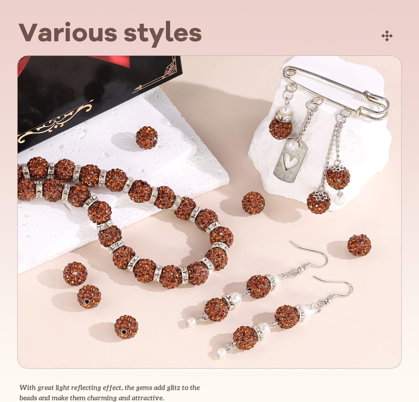 160pcs 10mm Rhinestone Beads for Jewelry Making, Brown Shiny Round Disco Ball Beads Bulk, Sparkle Crystal Clay Christmas for Bracelet Baseball Necklace Earring Crafting and DIY