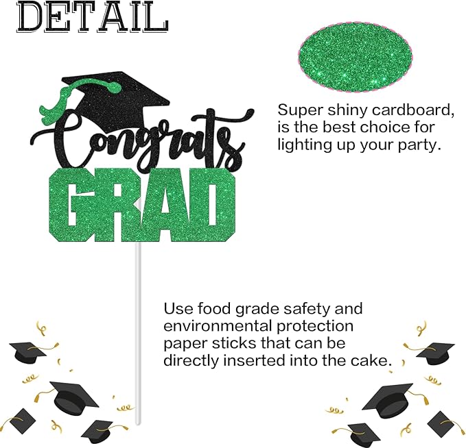 Congrats Grad Cake Topper - High Sohool/College Graduation Party Decoration Supplies - Congratulations Class of 2025 Party Cake Decorations (Green)