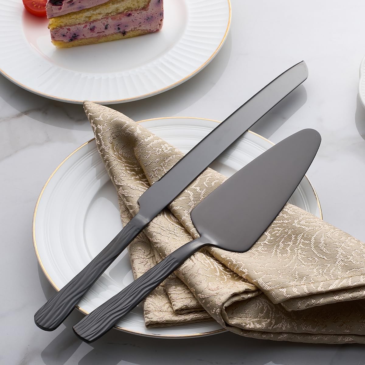 Black Cake Cutter Set, Stainless Steel Cake Cutting Utensils Include 13-inch Cake Knife and 9.3-inch Cake Server suitable for Weddings, Birthdays, and Anniversaries