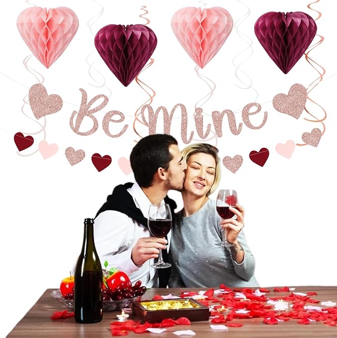 Pink Burgundy-Red Valentines-Day Galentines Party-Decorations - 22pcs Be Mine Love Banner,Wine Red Paper Lanterns Honeycomb Balls,Tissue Pom Poms Flowers Fans,Happy Anniversary Decor Hugmoon