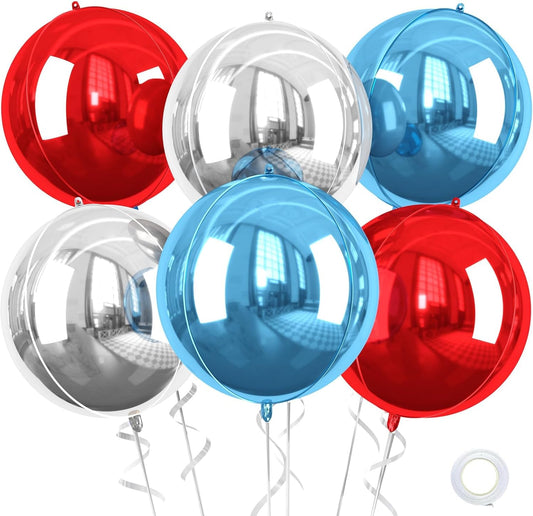 Red Blue Silver Giant 4D Foil Balloons, 6 Pcs Large Metallic Red and Blue Round Balloons, 22 Inch Big Round Foil Balloon for Birthday Party Baby Shower Graduation Wedding Decorations