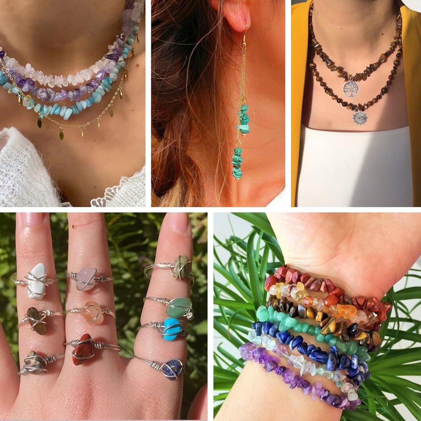 QUEFE 1800pcs 56 Colors Crystal Beads, Ring Making Kit, Gemstone Chip Beads Irregular Natural Stone with Jewelry Making Supplies for DIY Craft Bracelet Necklace Earrings, Craft Gifts