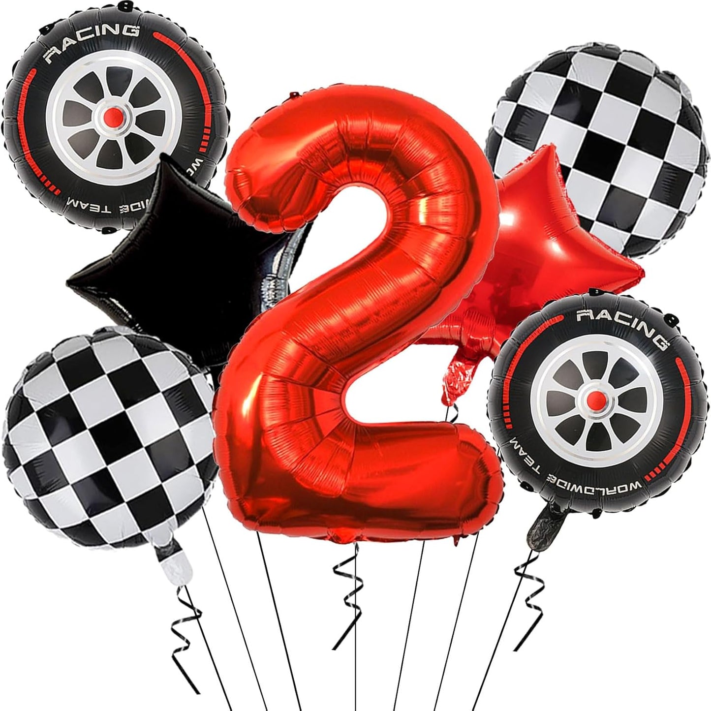 Race Car Birthday Decorations - 40 Inch Mylar Red Number 2 Balloons - Black Foil Checkered Race Car Balloons for 2st Birthday Race Cars Themed Party Decorations Supplies