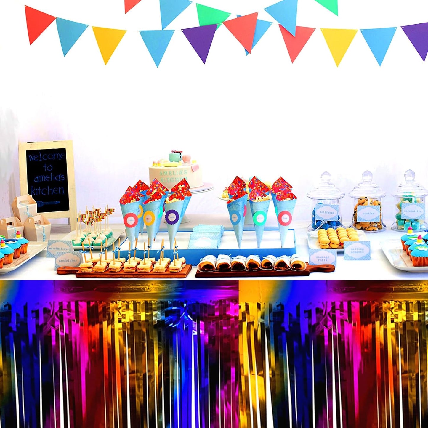 3 Pack 29 x108 Inch Rainbow Foil Fringe Table Skirts Metallic Banner for Tinsel Streamer Garland Backdrop for Parade Floats Wedding Thanksgiving Birthday Christmas Halloween New Year Party Decoration