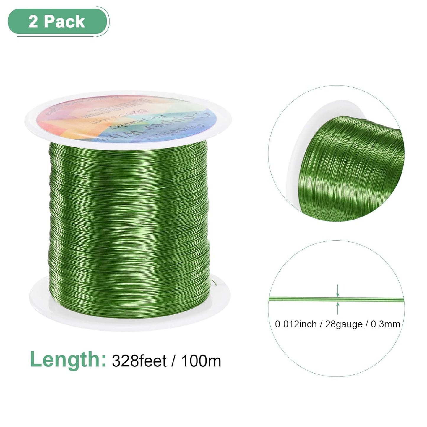 2-Rolls 0.2mm Jewelry Wire, 32 Gauge 328FT Craft Wire Copper Beading Wire for Jewelry Making/Planting/Weaving/DIY Crafting, Soft Metal Wires [100M, Green]