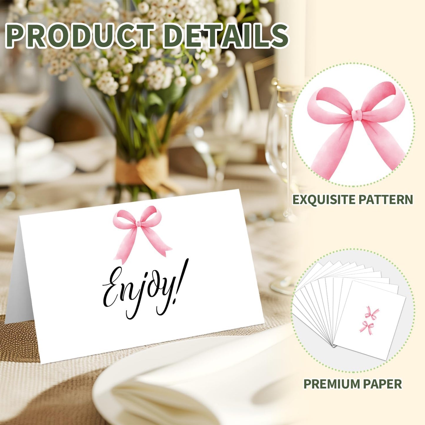25 Pink Bow Place Cards for Table Seating, Watercolor Wedding Name Place Card, Tent Cards for Birthday Bridal Shower Baby Shower Reception Dinner Party Decorations -A23