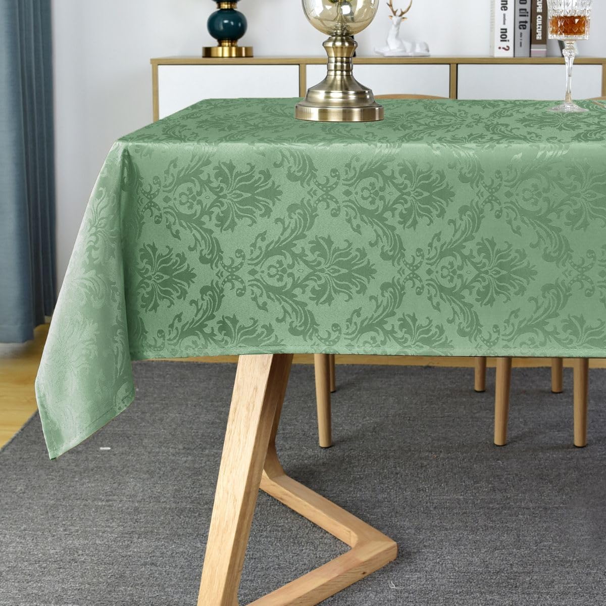 SASTYBALE Summer Tablecloth Rectangle, Spill-Proof Wrinkle Resistant Jacquard Fabric Table Cloth, Soft Polyester Damask Table Cover for Parties, Picnic, Dinner(52 * 70 inch, Oblong, Light Green)
