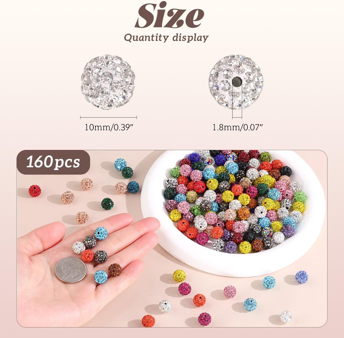 160pcs 10mm Rhinestone Beads for Jewelry Making, Pink White Shiny Round Disco Ball Beads Bulk, Sparkle Crystal Clay Christmas for Bracelet Baseball Necklace Earring Crafting and DIY
