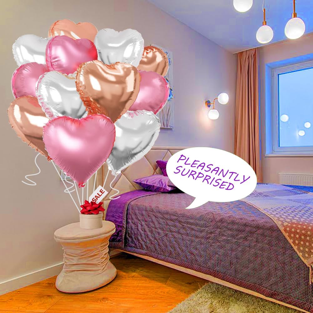 Rose Gold & Silver Heart Balloons，18 Inch Light Pink Foil Love Heart Shaped Balloons for Birthday Party Bridal Engagement Wedding Anniversary Baby Shower Valentines Decorations 12Pcs