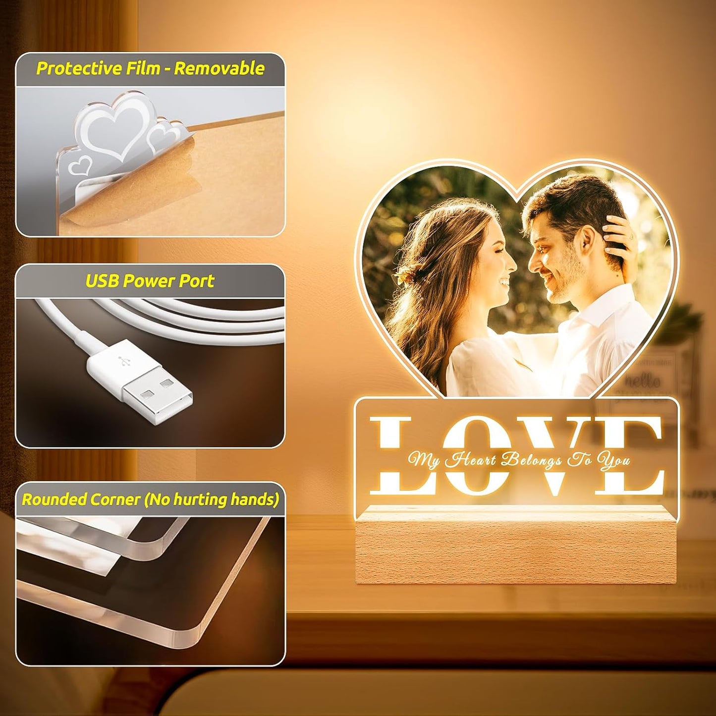 Custom Picture Frames with Photo, Personalized Photo Frame with Night Light, Customized Picture Frame, Personalized Anniversary Couple Gifts for Women Men Him Her Girlfriend Boyfriend