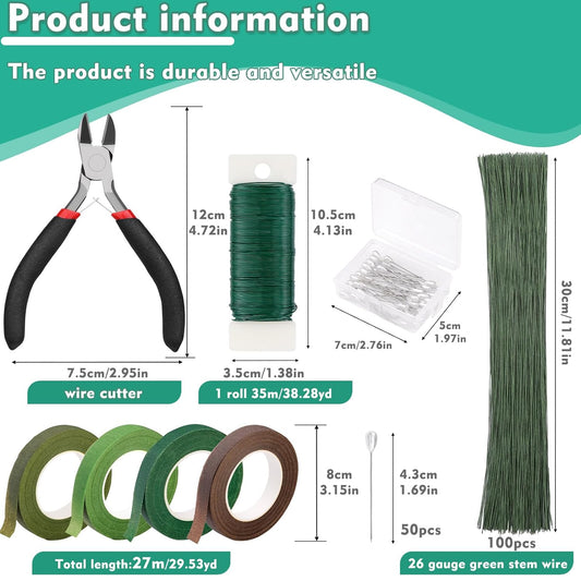 Floral Tape and Wire, Green Floral Tape, Arrangement Tools Kit with Wire Cutter, 22 Guage Paddle Wire 26 Gauge Flower Wire Set, Boutonniere Pin for Bouquets, Crafts, Wrap Florist