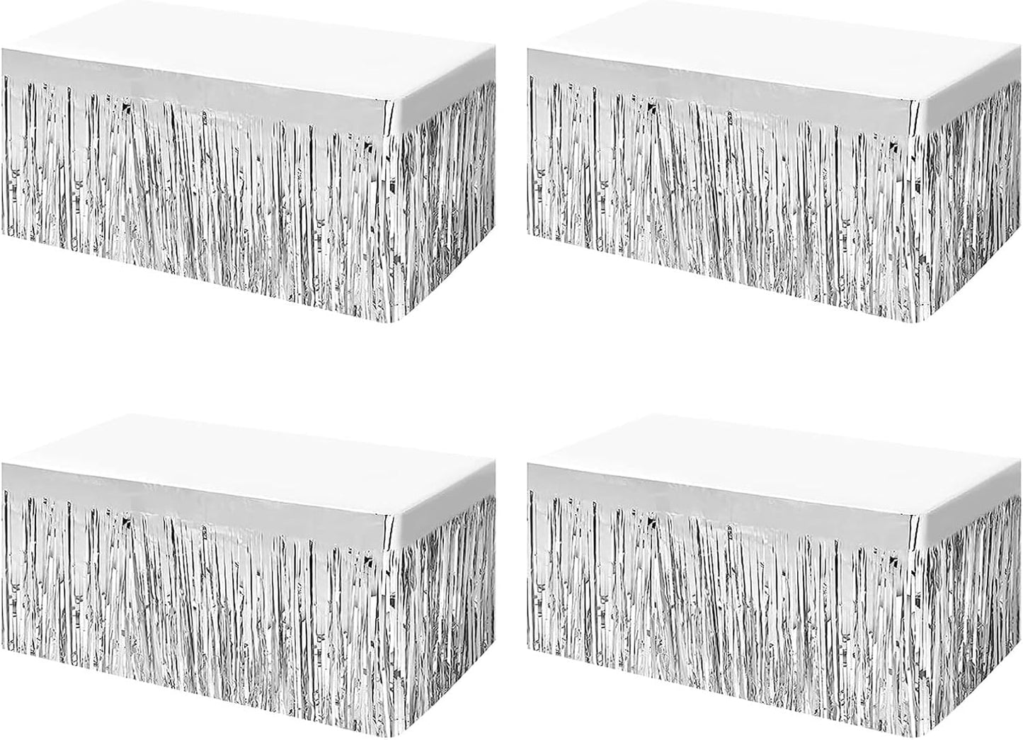4 Pack Metallic Foil Fringe Tinsel Table Skirts,29x108 Inch Party Disposable Table Skirt Banner for Hotel Banquet Parade Floats Mardi Gras Holiday Birthday Wedding New Year Party Decoration(Silver)