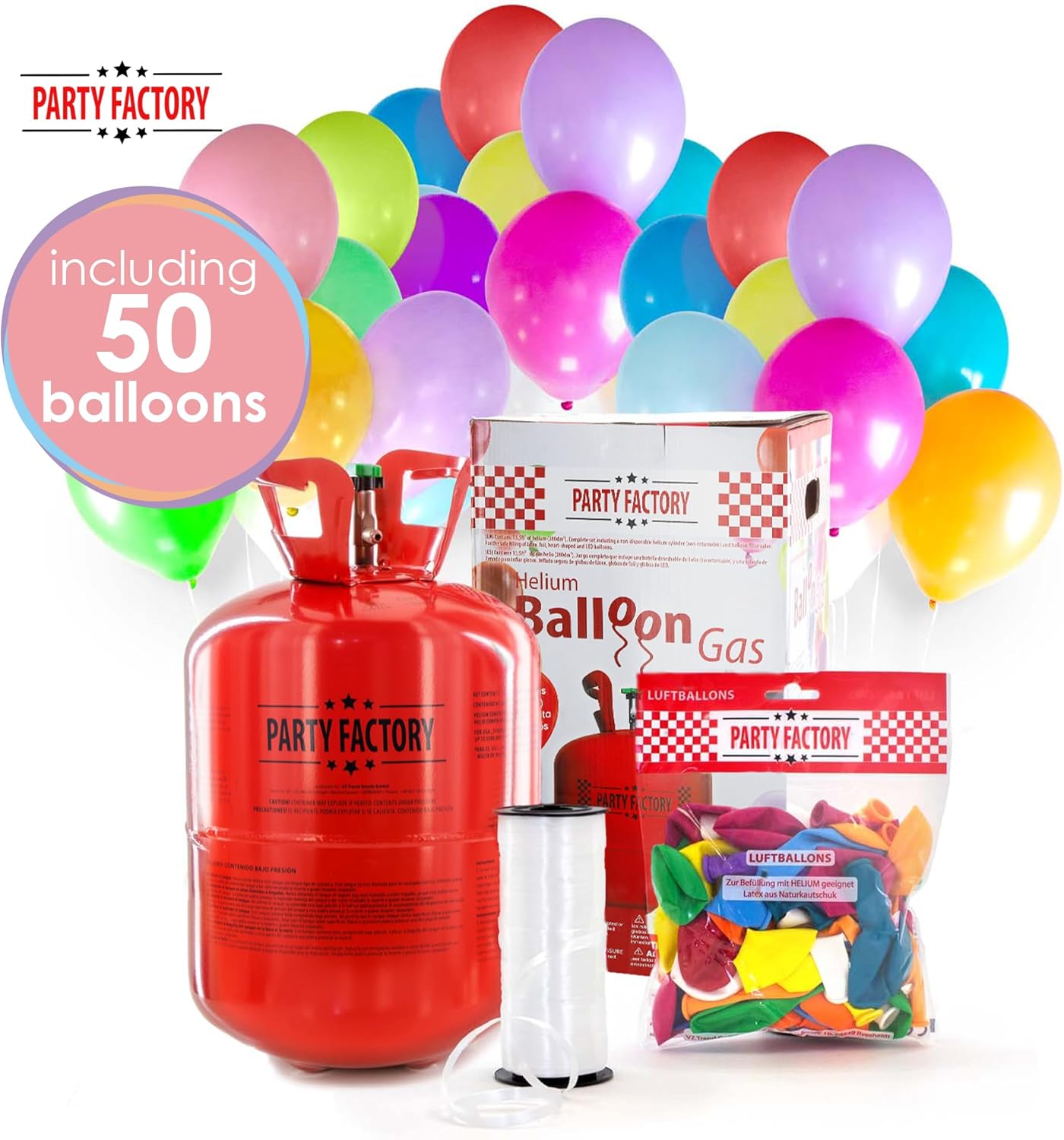 Party Factory Helium bottle for up to 50 Balloons incl. Latexballoons, Helium Cylinder 14 cu. ft. Gas with filling quantity for Balloons, Ideal for Party, Events