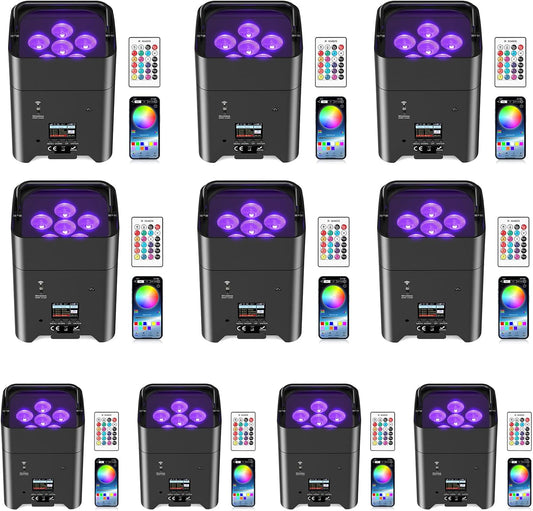 9600mAh Wireless Uplights, 6x18W RGBWA UV Stage Lights, APP/DMX512 Controlled Par Lights, Rechargeable Battery Powered Uplights for Show, Party, Festival, Event, Black, 10 Pack