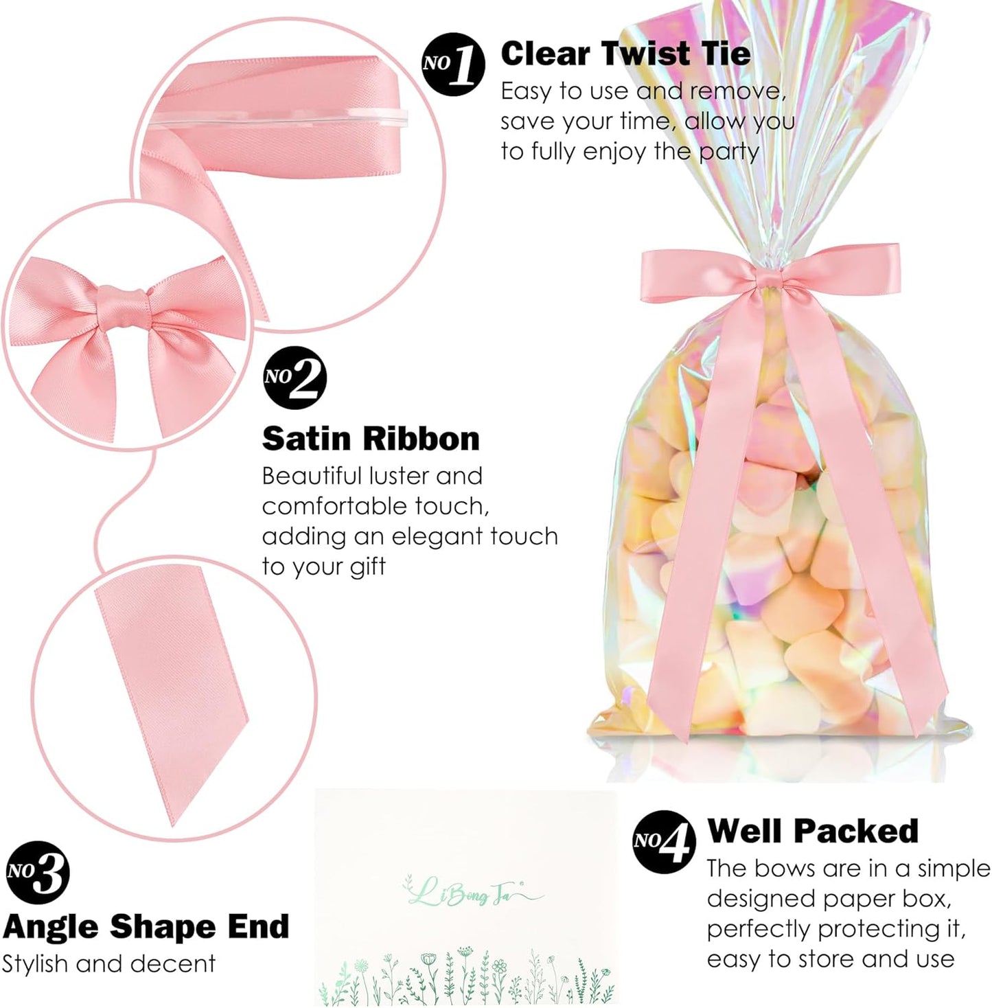 50 PCs Pink Bow Decor 5.5'' Satin Bows with Long Tail, Twist Tie Bows for Craft, Packaging Ribbon Bows, Premade Bows for Cake Decorating, Gift Bows for Treat, Wedding Favor, Party