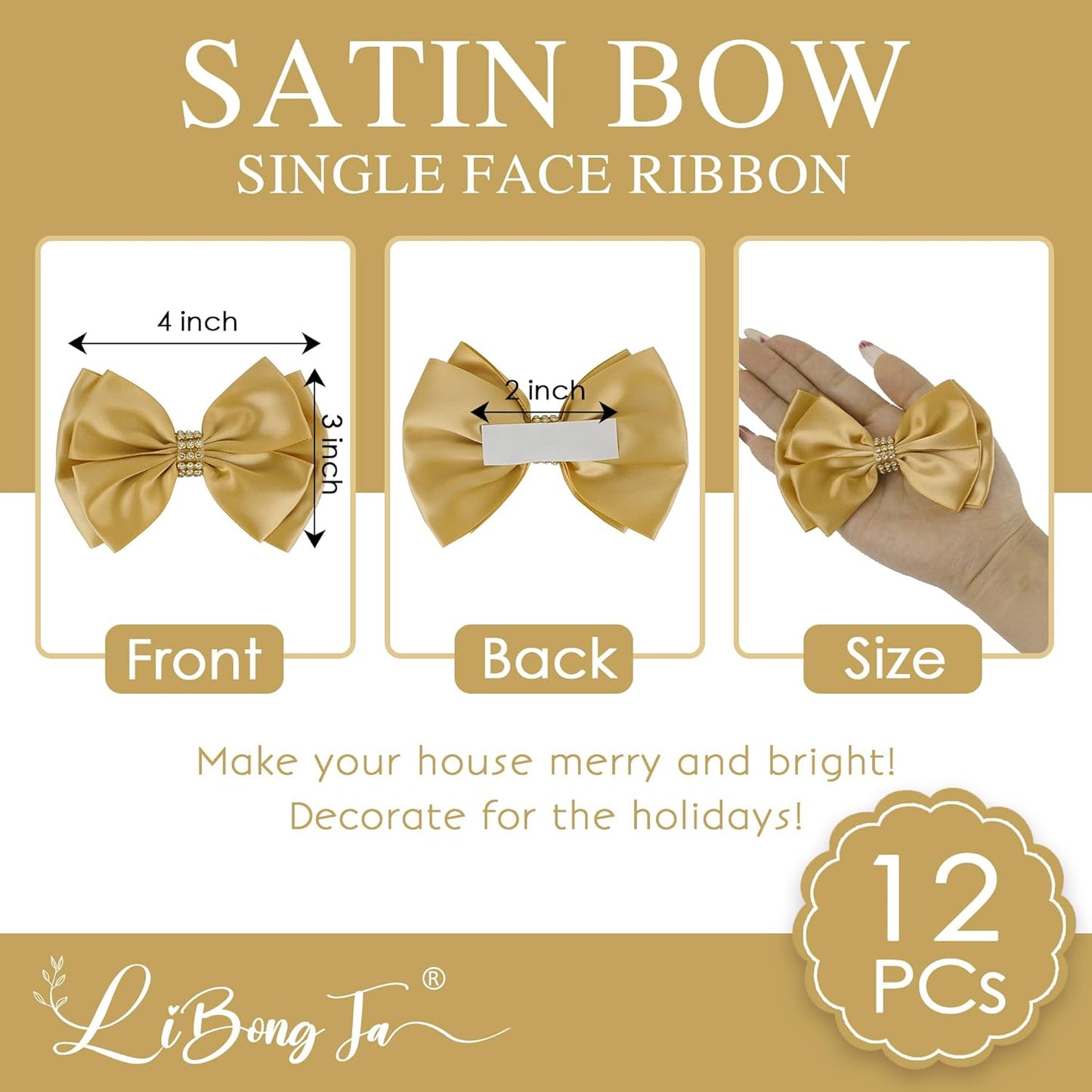 Gold Bows 4'' Premade Satin Ribbon Bow, Gift Bows with Rhinestone, Wrapping Bows for Presents, Greeting Cards, Treat Bags, Wine Bottles, Valentines Bows for Gift Wrapping-12 Counts