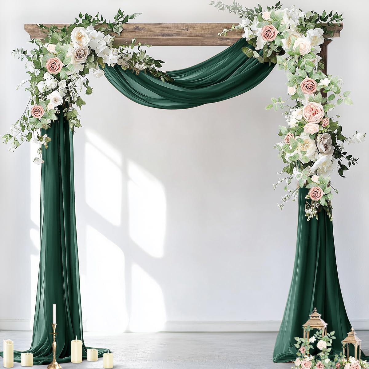 Socomi Wedding Arch Draping Fabric 3 Panels 29" x 19Ft Emerald Green Sheer Chiffon Curtain Drapes 6 Yards for Wedding Ceremony Birthday Party Decoration