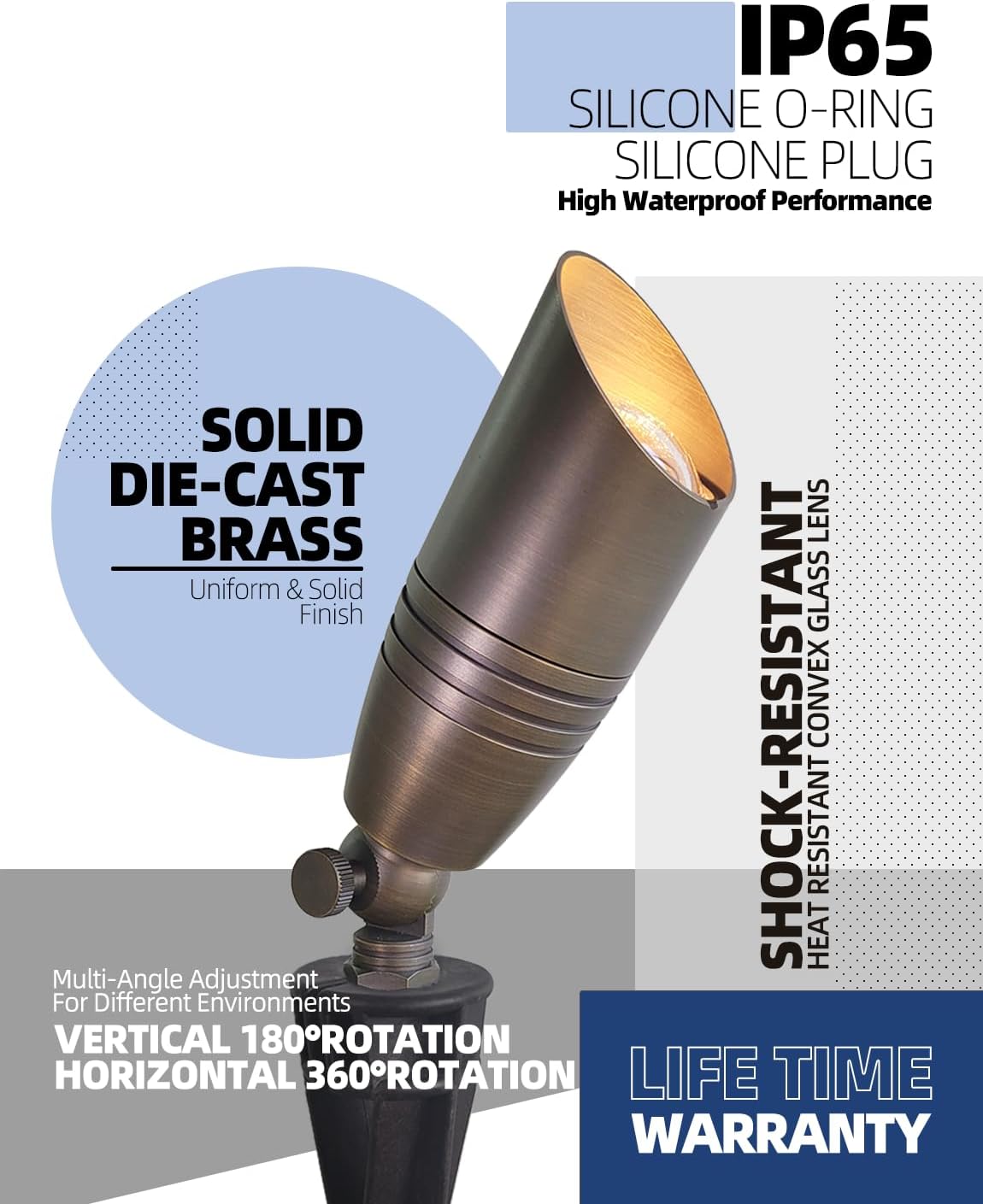 MALORY Brass Landscape Spotlights 12-Pack with Bulb Kit(S02), Low Voltage 12V AC/DC LED Outdoor Spot Uplights for House and Tree,PVC Ground Stake and Wire Connector Included, 5W 2700K Warm White