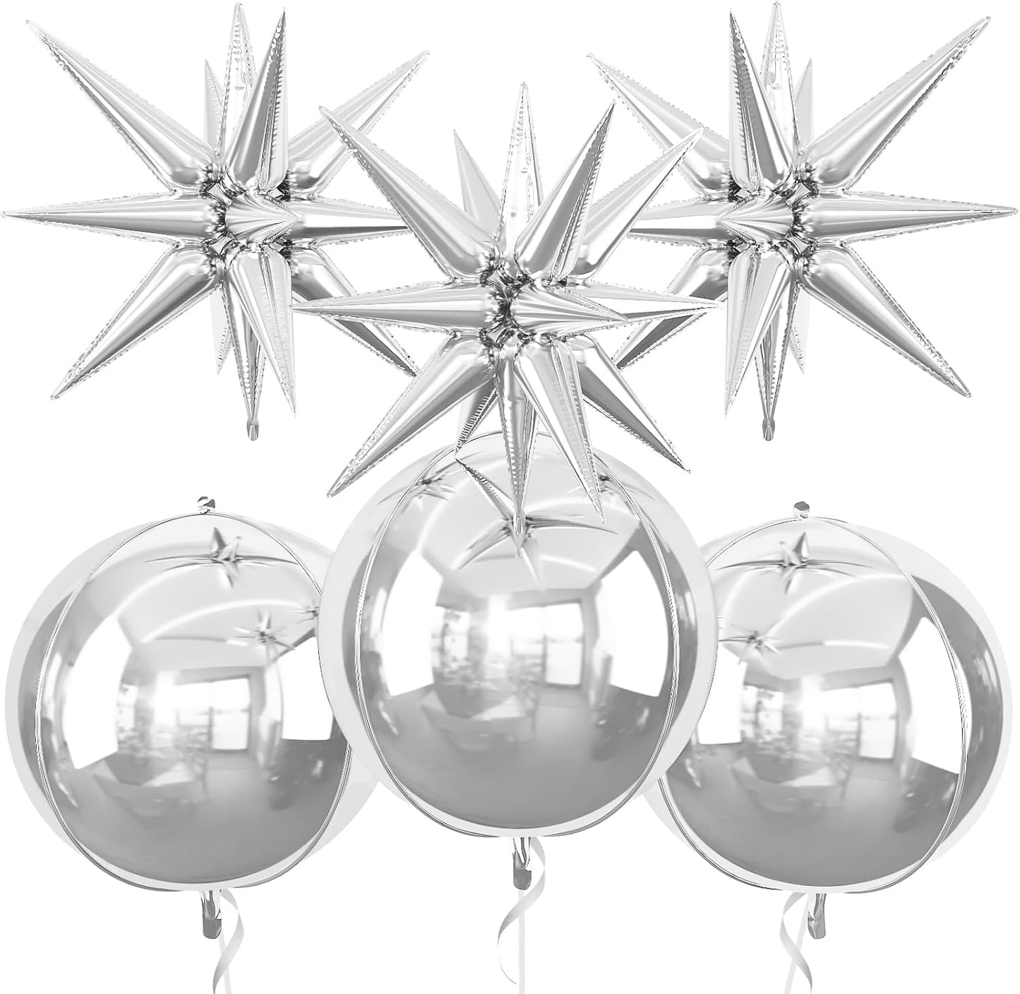 6Pcs Silver Foil Balloons,22Inch Silver 4D Round Ball Balloon and Explosion Star Balloon for Birthday Wedding Baby Shower Anniversary Graduation Decorations