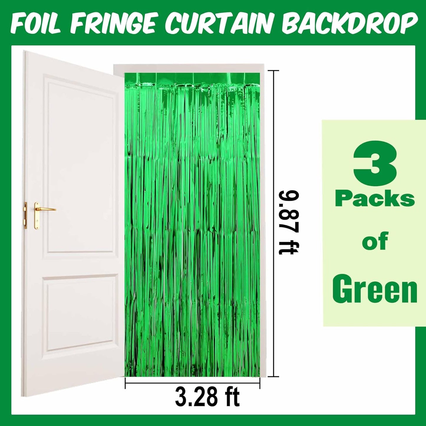 3 Pack Green Foil Fringe Curtains Backdrop, 3.28 x 9.8 Ft Metallic Streamers Tinsel Curtains Background for Photo Booth, Birthday, Halloween, Christmas, Thanksgiving, New Year Party Decorations