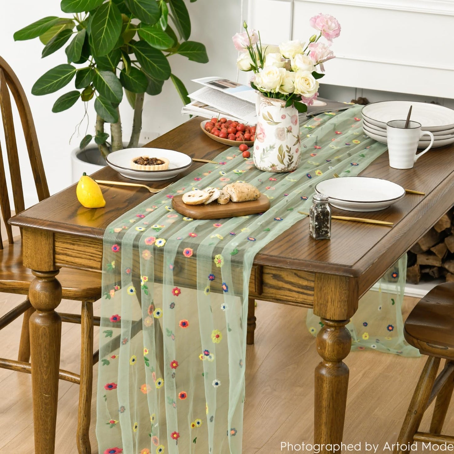 Artoid Mode 3PCS Sage Green Embroidery Daisy Gauze Table Runner 120 Inch 10FT, Seasonal Sheer Dining Holiday Wedding Birthday Table Decor for Home Party