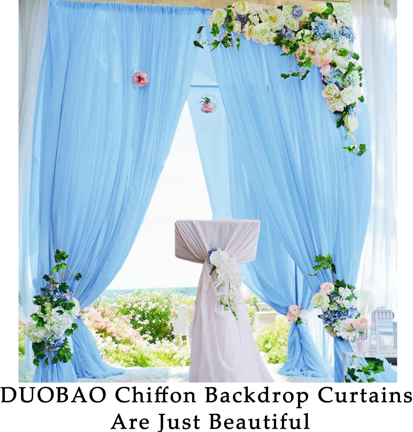 DUOBAO Chiffon Curtains Blue Photography Backdrops Drapes Party Stage 2 Panels 58x96 Sheer Two Pages Curtain Drape for Bedroom Wedding Living Room Voile Window Decor (5ft x 8ft)