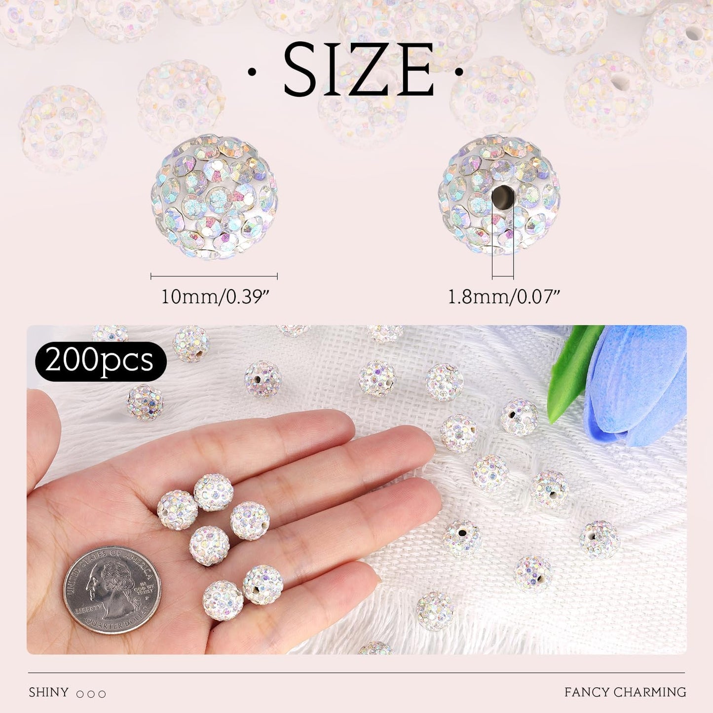 200pcs 10mm Crystal AB Rhinestone Beads for Jewelry Making, Shiny Round Shamballa Disco Ball Beads Bulk, Sparkle Crystal Clay Christmas for Bracelet Baseball Necklace Earring Crafting and DIY