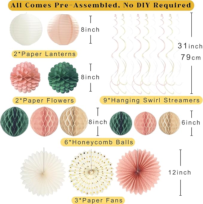 Pink Sage Green Happy Birthday Decorations, Pre-Strung Happy Birthday Banner with Honeycomb Balls, Paper Flowers, Lanterns, Hanging Swirls, Circle Dots Garland for Birthdays Party Decorations 24pcs