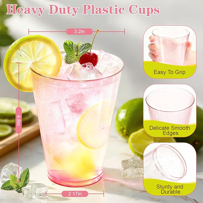 200 Pack Plastic Cups Disposable 12 oz Pink Glitter Party Cups for Cocktail Fancy Clear Plastic Cup, Drinking Cups for Birthdays, Weddings, Christmas,Graduation,Thanksgiving