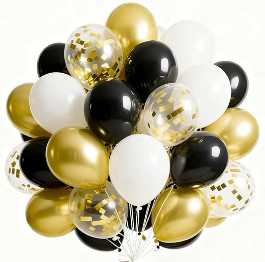 PartyWoo Black and Gold Balloons 65pcs 12 Inch Matte Black White Metallic Chrome Gold Confetti Balloons for Graduation Baby Shower Birthday New Year's Eve Anniversary Bachelorette Party Decorations
