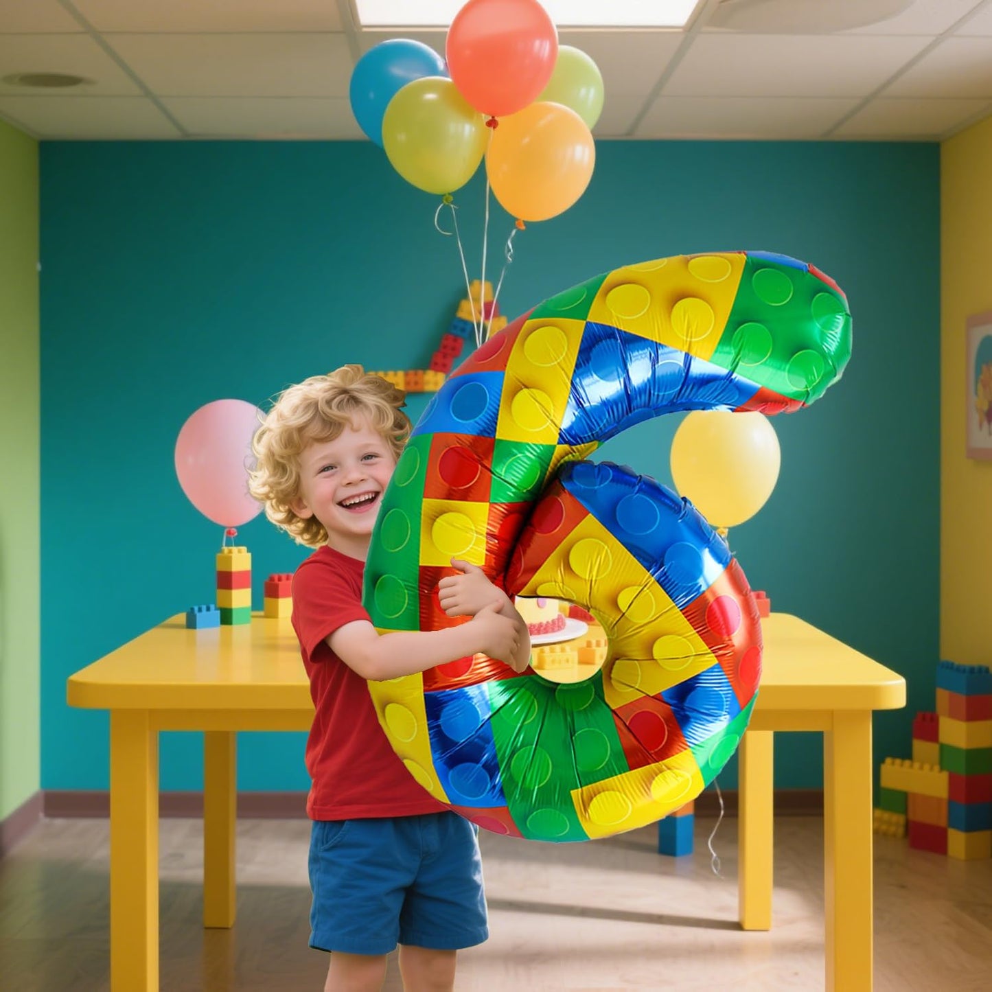 32 Inch Stackable Block Number Balloon – Colorful Brick Building Themed Big Helium Digits for Kids Birthday Party Decorations (Building Block, Number 6)