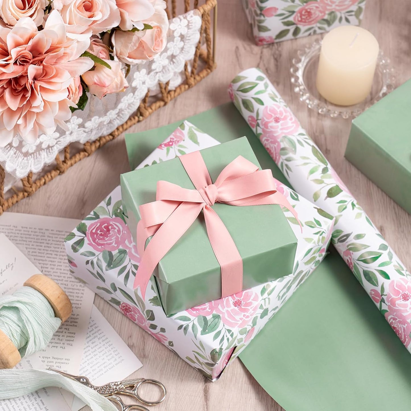 RUSPEPA Reversible Floral Wrapping Paper Roll for Girls Women, Mini Roll, Pink Rose Design and Green Solid Color, Elegant Gift Wrap for Birthday, Mother’s Day, Bridal Shower, 17 Inches x 16.4 Feet