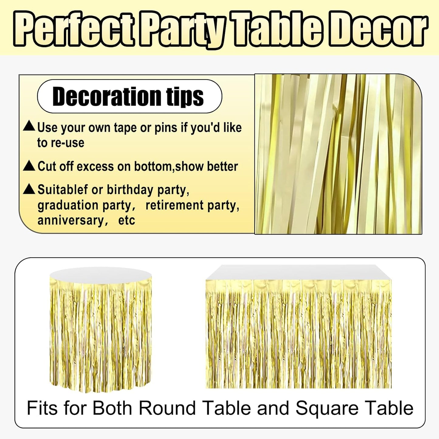 3 Pack 29x108 Inch Light Gold Foil Fringe Table Skirts Metallic Banner for Tinsel Streamer Garland Backdrop for Parade Floats Wedding Thanksgiving Birthday Christmas Halloween Party Decoration