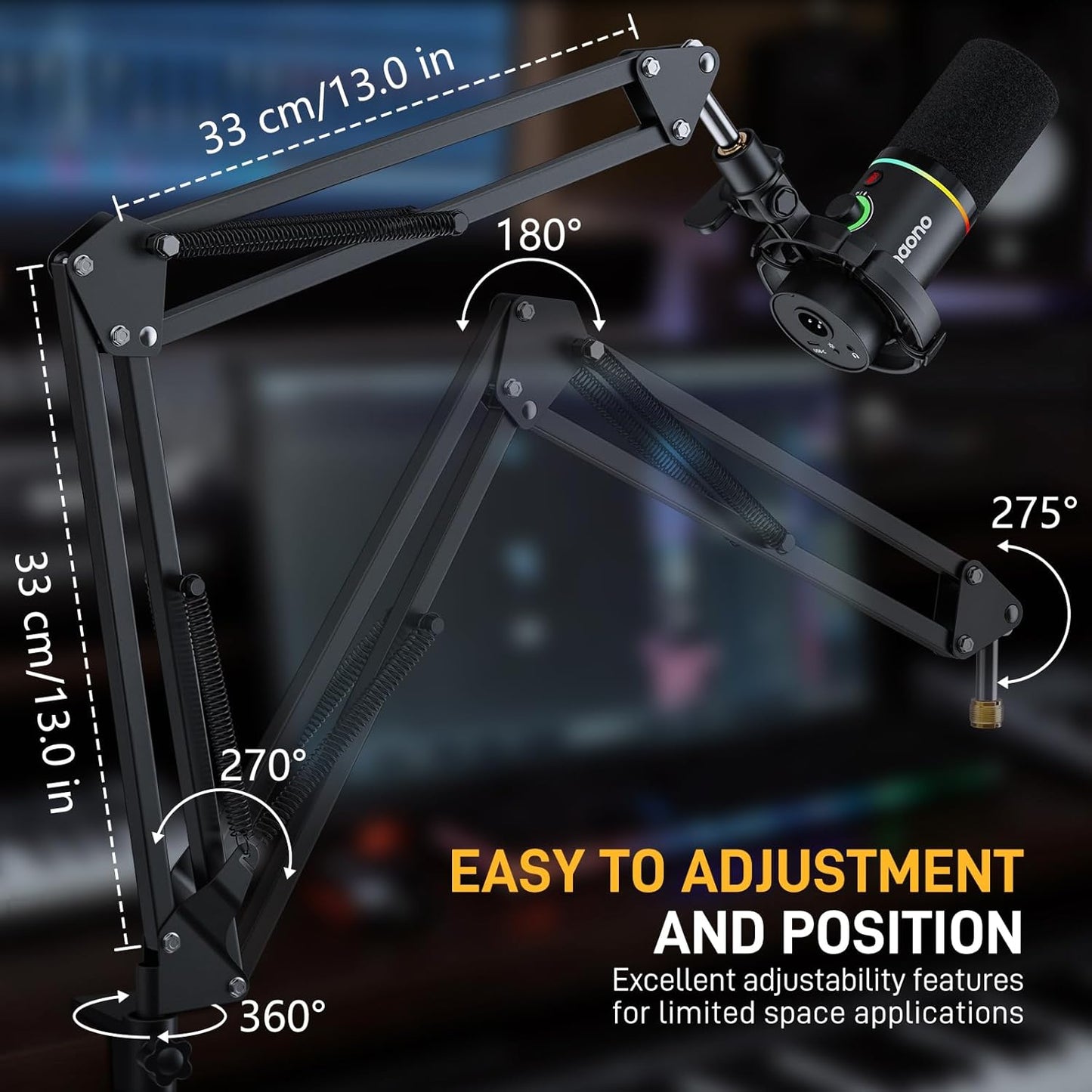 MAONO Boom Arm Microphone Stand: Adjustable Metal Suspension Mic Boom Arm for Podcast Gaming Streaming Recording,with Desk Clamp and 3/8" to 5/8" Screw Adapter-Max Load 1KG BA20 Black