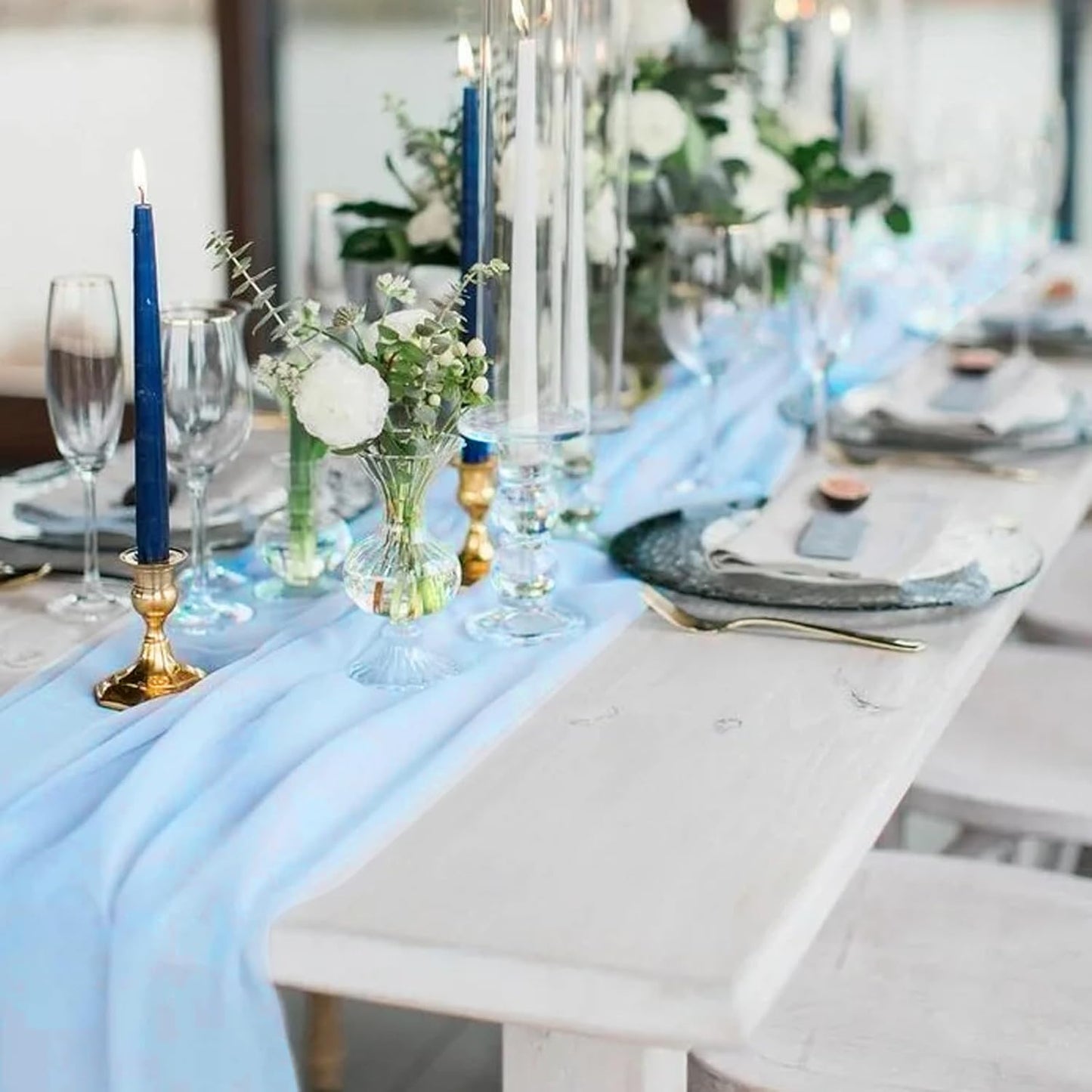 10 Pack 10ft Baby Blue Chiffon Table Runners Wedding Table Runner Sheer Romantic Tulle Table Runner for Christmas Wedding Bridal Tea Party Baby Shower Birthday Party Table Decorations(120 x 12 in)