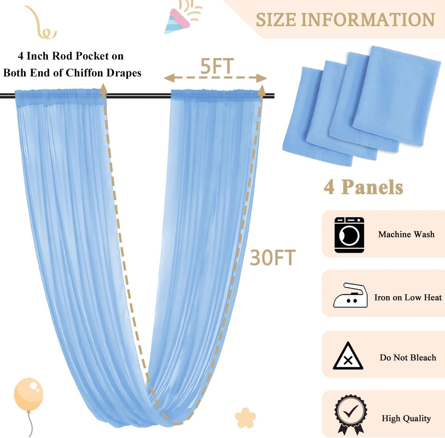MODFUNS Baby Blue Ceiling Drapes Chiffon Ceiling Fabric Draping Fabric 5x30ft 4 Panels Semi Sheer Wedding Arch Drape Unique Ceiling Curtain for Wedding Banquet Stage Prom Ceiling Drapery