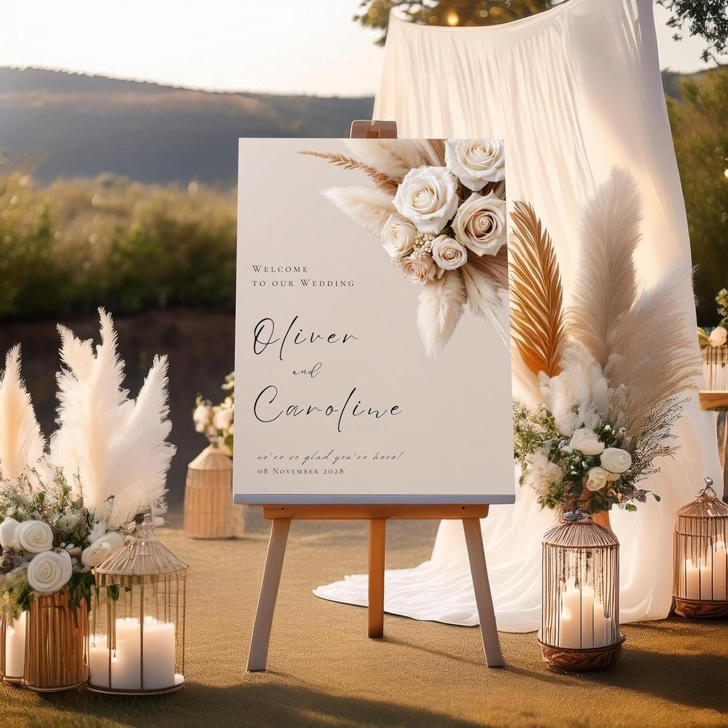 Welcome Wedding Signs, Elegant White Cream Beige Wedding Sign Decorations Signage 12" X 18" (Small), 27" (Medium), 36" (Large), Plastic, Modern, Pole Mount, Weather