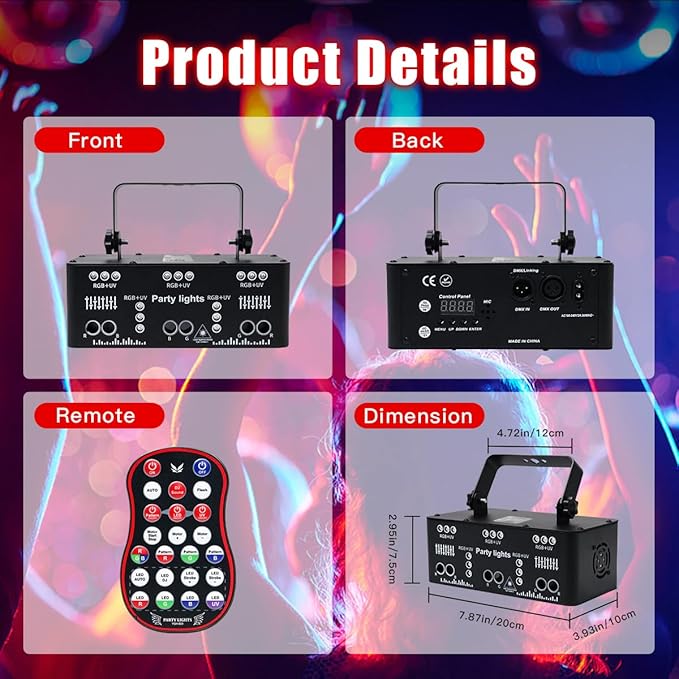 AMKI Party Lights, 21 Lens DJ Lights with Strobe Effect,Disco Light Indoor with RGB UV Laser Light Support Sound Control DMX5 (21eyes)