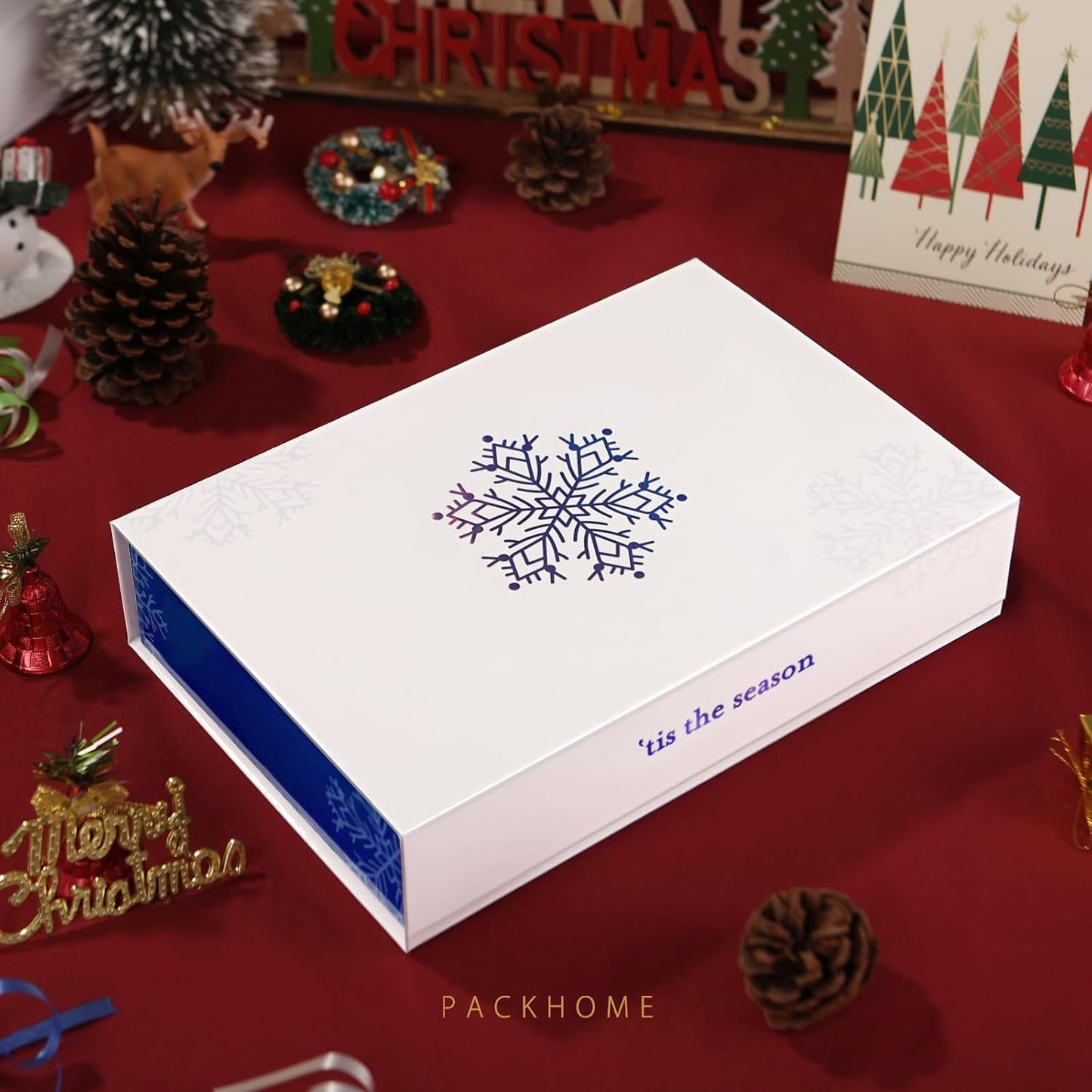 PACKHOME Christmas Gift Box 13x9.7x3.4 Inches, Large Gift Box with Lid, Sturdy Shirt Box with Magnetic Lid for Wrapping Gifts (Blue Snowflake Pattern)