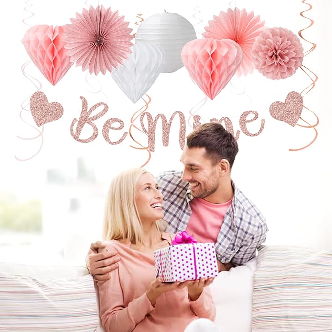 Blush-Light Pink Valentines-Day Galentines Party-Decorations - 22pcs Rose Gold Be Mine Love Banner,White Paper Lanterns Honeycomb Balls,Tissue Pom Poms Flowers Fans,Happy Anniversary Decor Hugmoon