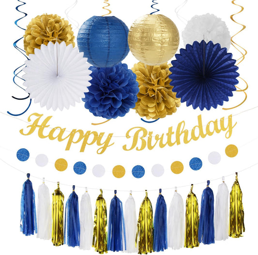 Royal-Navy Blue White Happy-Birthday Party-Decorations - 31pcs Men Women Boys Girl Paper Lanterns Streamers Banner,Gold Tissue Flowers Pom Poms Fans Tassels Graland Decor Supplies Hugmoon