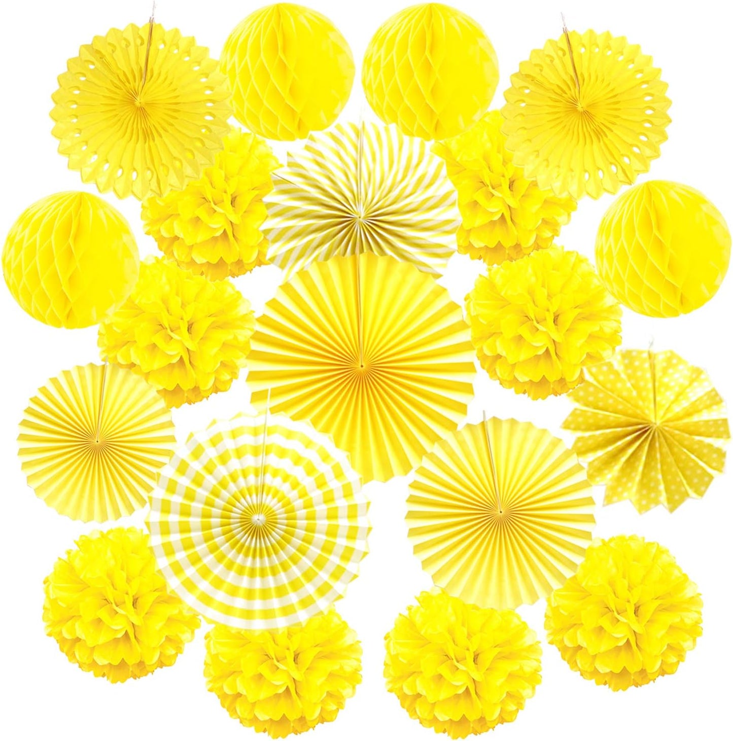 Hanging Paper Fan Set, Tissue Paper Pom Poms Flower Fan and Honeycomb Balls for Birthday Baby Shower Wedding Festival Decorations - Yellow
