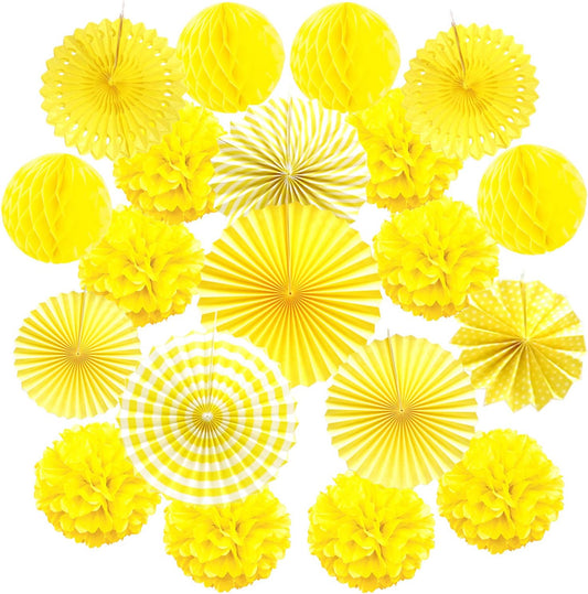 Hanging Paper Fan Set, Tissue Paper Pom Poms Flower Fan and Honeycomb Balls for Birthday Baby Shower Wedding Festival Decorations - Yellow