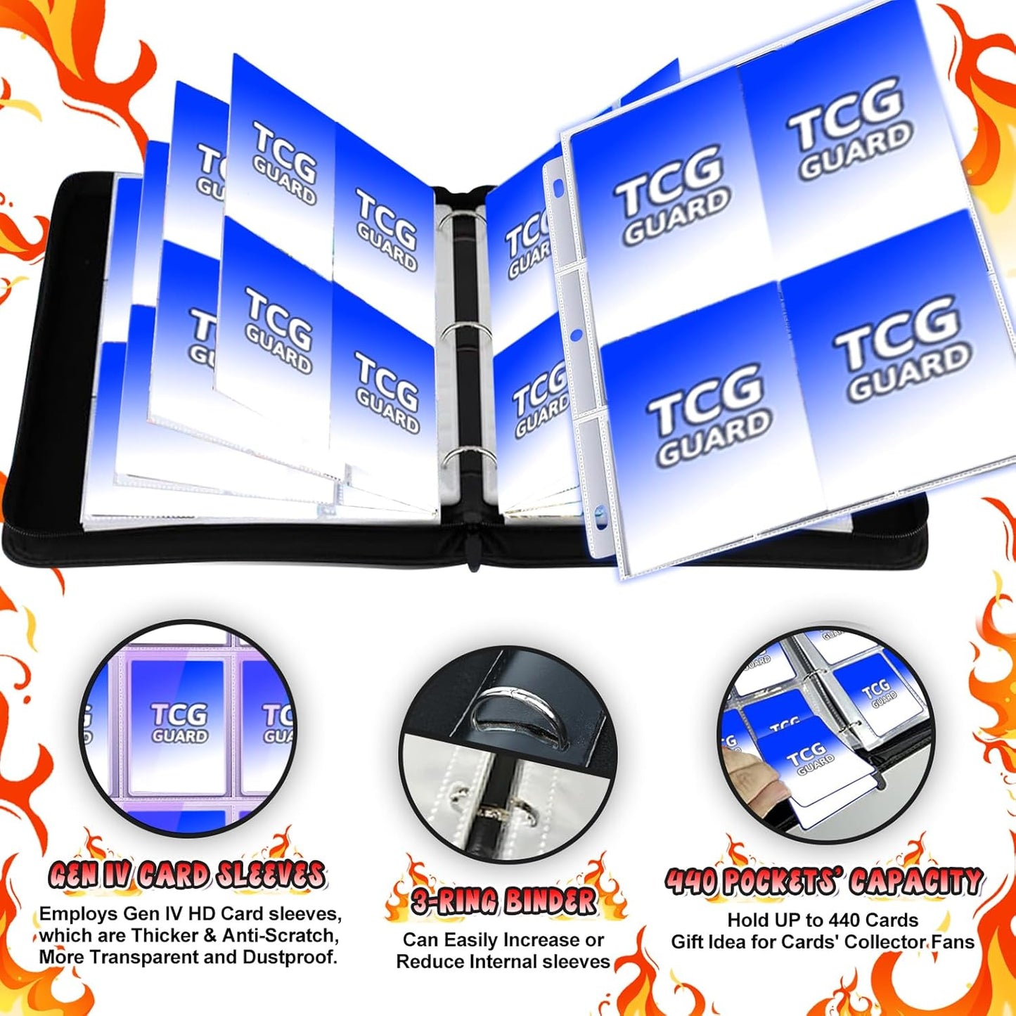 440 Card Binder 4 Pocket, 3-Ring Trading Card Binder with 55 Page Removable Sleeves, High Storage Waterproof Trading Card Holder Collection Card Album Carrying Organizer Case for MTG TCG Cards -Fire