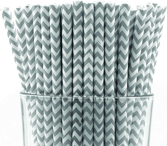 Pack of 300 Gray Chevron Biodegradable 4-Ply Paper Drinking Straws (Compostable, Non-toxic, BPA-free)