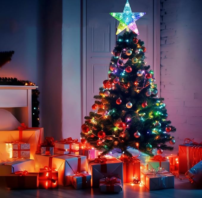 Christmas Star Tree Topper 7.5" 10 LED RGB Color Changing USB Powered Plug in 5-Point Star 3D Xmas Solid/Flash Treetop Remote Control & Timer for Christmas New Year Holiday Tree Decoration